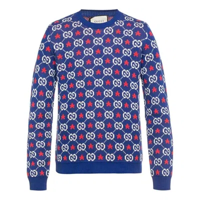 Gucci Men's  Ss21 G Round Neck Pullover Wool Sweater Blue In Gold