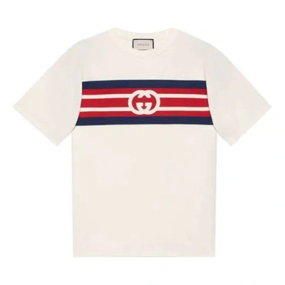 Gucci Men's  Ss21 Interlock Double G Stripe Printing Short Sleeve Creamy White T-shirt