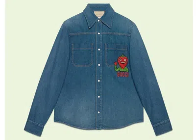 Pre-owned Gucci Men's  Strawberry Patch Denim Jacket In Blue