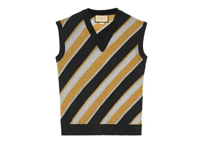 Pre-owned Gucci Men's  Striped Intarsia Knit Vest/white In Black/brown/off