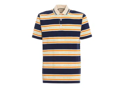 Pre-owned Gucci Men's  Striped Jersey Polo Shirt In Navy Blue/orange/mint