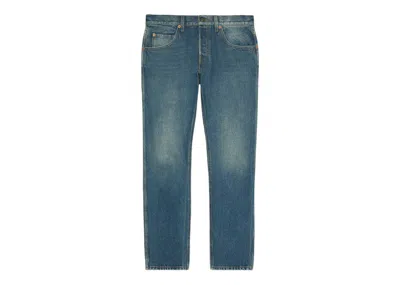 Pre-owned Gucci Men's  Tapered Fit Washed Marbled Denim Jeans In Stonewashed Blue