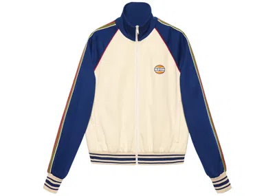 Pre-owned Gucci Men's  Technical Jersey Zipup Jacket In Ivory/blue