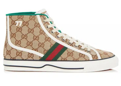 Pre-owned Gucci Men's  Tennis 1977 Canvas High Top Gg Print Sneakers In Beige/ebony/green In Multi