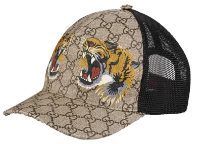 Pre-owned Gucci Men's  Tigers Print Gg Supreme Baseball Hat In Beige/brown