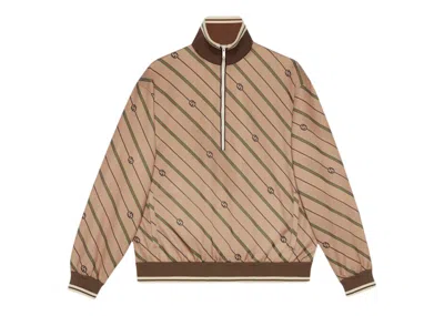 Pre-owned Gucci Men's  Twill Gg Stripe Knit Halfzip Jacket In Beige/brown