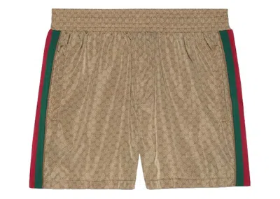 Pre-owned Gucci Men's  Waterproof Nylon Gg Swim Shorts In Camel