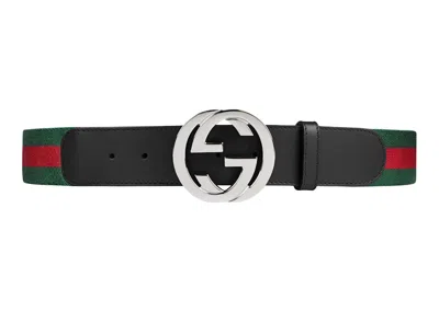 Pre-owned Gucci Men's  Web Belt With G Buckle In Green/red Web