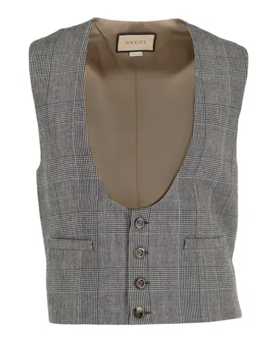 Pre-owned Gucci Men's  Wool Blend Plaid Vest In Grey Beige