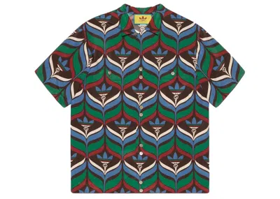 Pre-owned Gucci Men's  X Adidas Trefoil Print Bowling Shirt In Brown/green