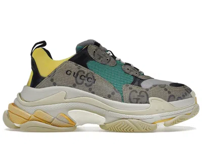 Pre-owned Gucci Men's  X Balenciaga The Hacker Project Triple S Green Yellow Sneakers In Beige/ebony/blue