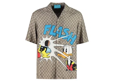 Pre-owned Gucci Men's  X Disney Donald Duck Monogram Silk Shirt In Beige