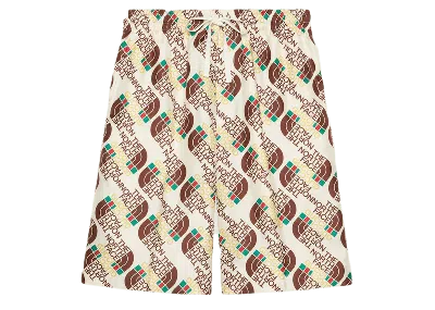 Pre-owned Gucci Men's  X The North Face Web Print Silk Shorts In Ivory/brown/green In Multi