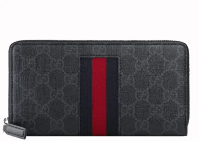Pre-owned Gucci Men's  Zip Around Wallet Gg Supreme Webin Black/grey