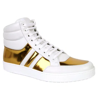 Pre-owned Gucci Men's High Top Contrast Padded White / Gold Leather Sneaker () In Multi