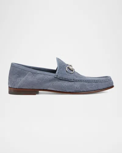 Gucci Men's Horsebit 1953 Embossed Suede Bit Loafers In Light Grey