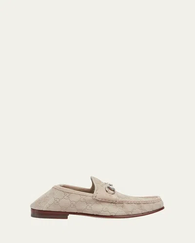 Gucci Men's Horsebit 1953 Embossed Suede Bit Loafers In Sand