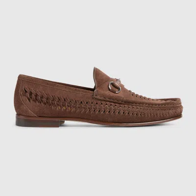 Gucci Bamboo Horsebit Woven Suede Loafers In Brown