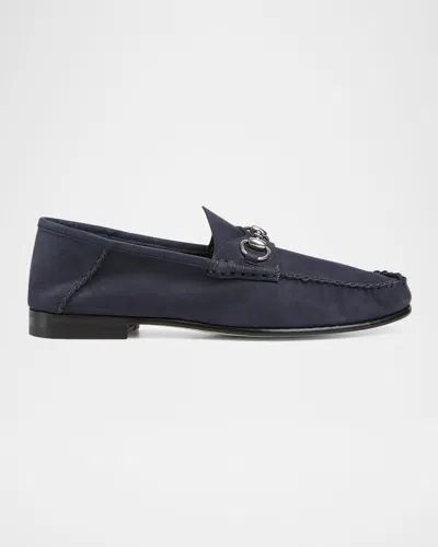 Gucci Men's Horsebit 1953 Suede Loafers In Blue