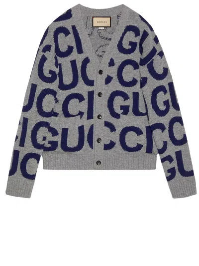 Gucci Men's Intarsia-knit Wool Cardigan In Grey/navy Blue