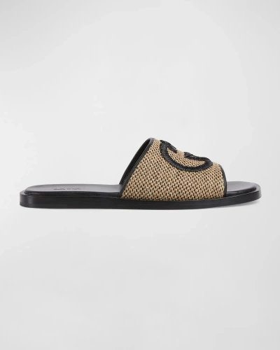 Gucci Men's Interlocking G Leather Slide Sandals In Porpora/ne