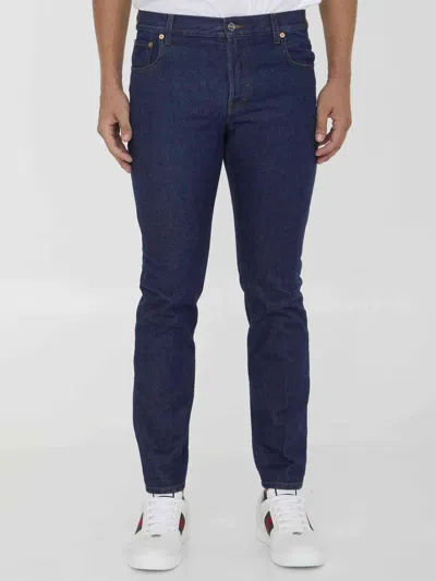 Gucci Men Jeans With Web Detailing In Blue