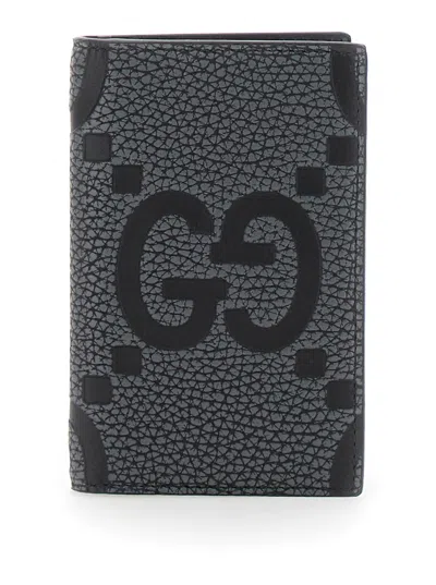 Gucci Men 'jumbo' Grey Card Holder With Maxi Double G Logo On The Front In Grained Leather Man In Gray