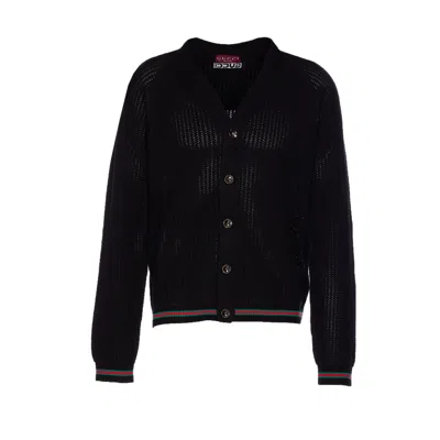 Gucci Men Knit Cotton Ajour Cardigan With Web Tape In Black