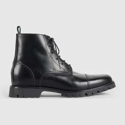 Gucci Men's Lace-up Ankle Boot With Web In Black