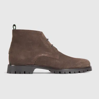 Gucci Men's Lace-up Ankle Boot With Web In Brown
