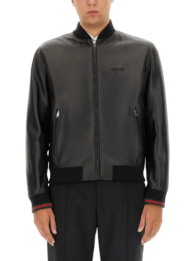 Gucci Men Leather Bomber Jacket In Black