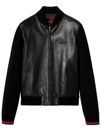 Gucci Men Leather Bomber Jacket With Knit Parts In Multicolor