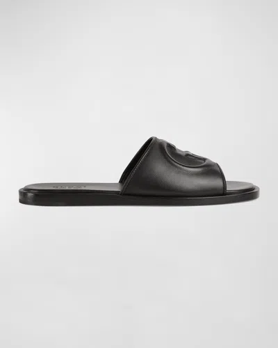 Gucci Men's Leather Interlocking G Slide Sandals In Black