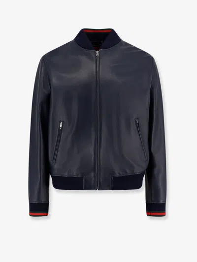 Gucci Men Leather Jacket Witth Web Details In Blue