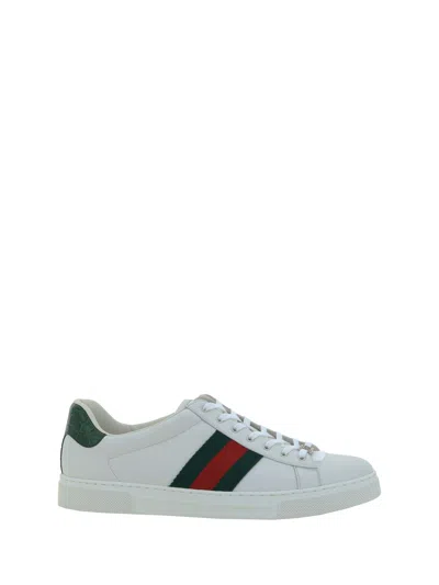 Gucci Ace Leather Sneakers With Lateral Web Band In White