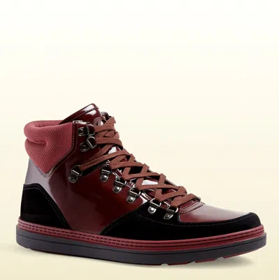Pre-owned Gucci Men's Leather Suede Contrast Combo Hi-top Sneaker Dark Red 368496 1078