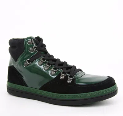 Pre-owned Gucci Men's Leather Suede Contrast Combo High-top Sneaker Green 368496 1077
