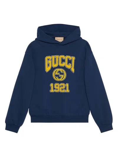 Gucci Men's Logo Cotton Hoodie In Blue