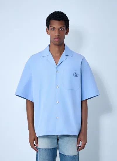 Gucci Men Logo Embroidery Camp Collar Shirt In Blue