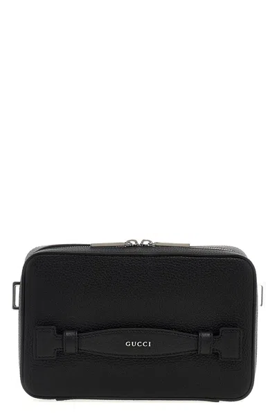 Gucci Men Logo Leather Shoulder Strap In Black