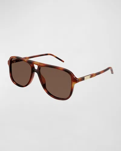 Gucci Men's Logo Plaqué Aviator Sunglasses In Havana