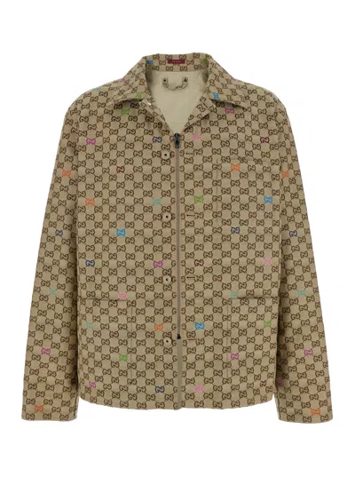 GUCCI GUCCI MEN BEIGE SHIRT WITH SPREAD COLLAR AND TWO FRONT WELT POCKETS IN GG CANVAS MAN