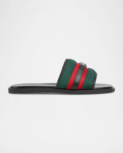 GUCCI MEN'S MAVERIK WEB SLIDE SANDALS WITH INTERLOCKING G