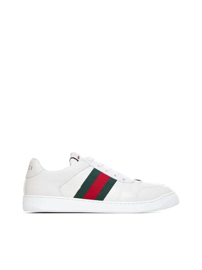 Gucci Leather Sneakers With Lateral Web Band In White
