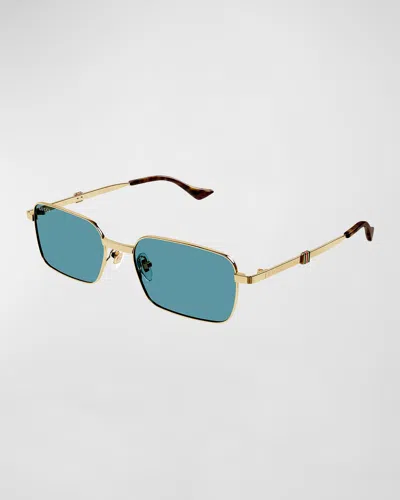 Gucci Men's Running Web Gg1495s 56mm Rectangular Sunglasses In Gold Blue