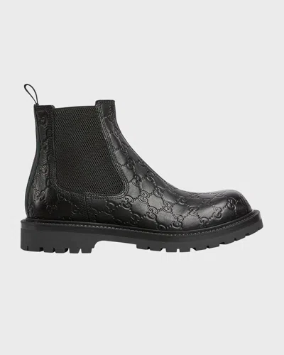 Gucci Men's Miart Gg Leather Lug Sole Chelsea Boots In Dark Grey