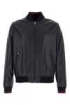 Gucci Men Midnight Blue Leather Bomber Jacket In Multi