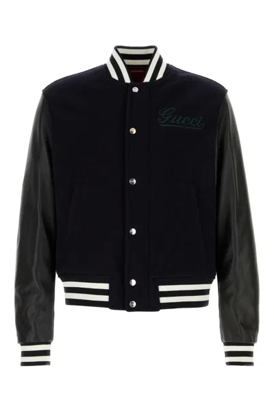 Gucci Men Midnight Blue Wool Bomber Jacket In Black