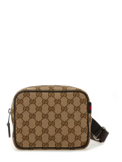 Gucci Men Beige Shoulder Bag With Gg All-over Motif And Removable Shoulder Strap In Canvas Man In Brown