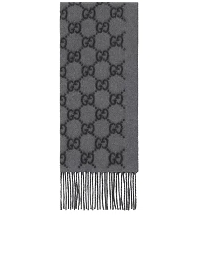 Gucci Men's Monogram Fringed Scarf In Gray